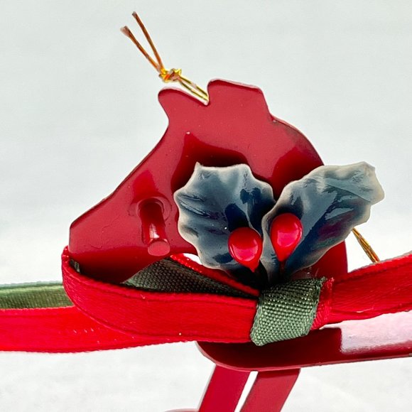 Vintage Rocking Horse Christmas Tree Ornament Red Diecast Metal Holly Taiwan - Picture 6 of 9